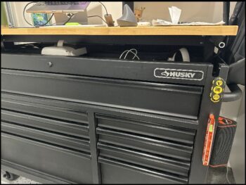 Husky Mobile Work Bench front view showing crank shaft with hex receiver.